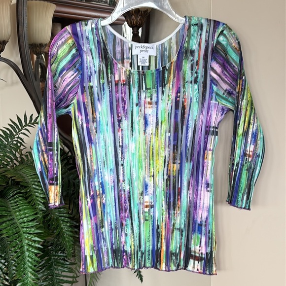 Peck & Peck Tops - Vintage Peck & Peck Petite Colorful Crinkle Pleated Top 3/4 Sleeve Blouse Office
